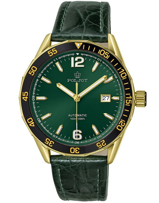 Полет Полет Ладога NH35A.186264  NH35A.186264 механические мужские часы зеленый циферблат, браслет кожаный — вид спереди