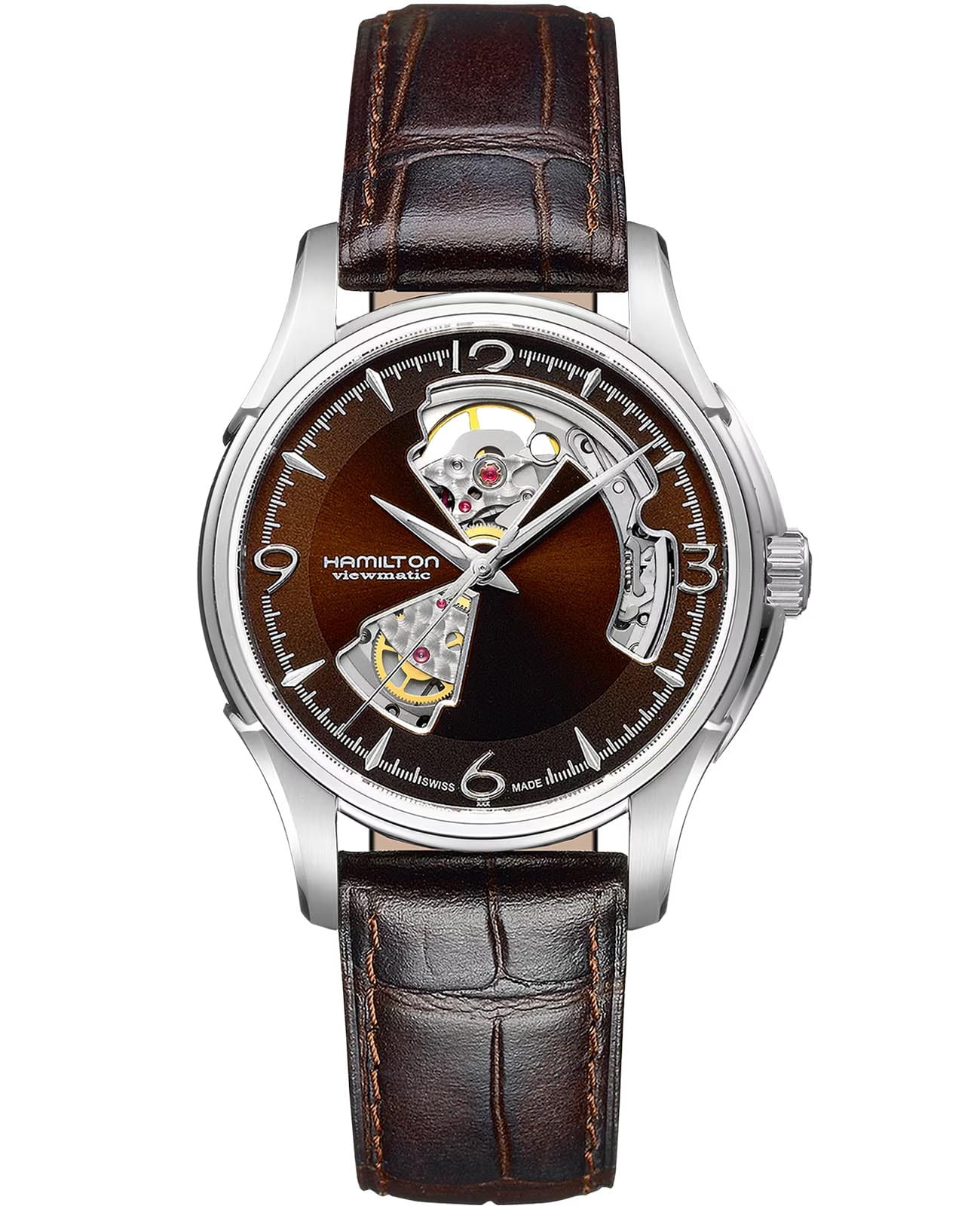 Hamilton Hamilton Jazzmaster Open Heart Auto H32565595  H32565595 механические мужские часы коричневый циферблат, браслет кожаный — вид спереди