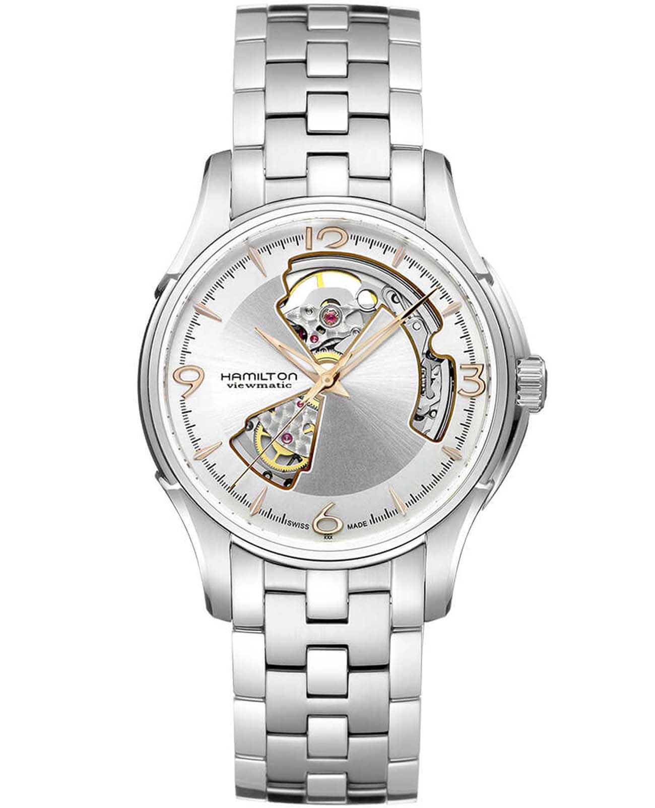 Hamilton Hamilton Jazzmaster Open Heart Auto H32565155  H32565155 механические женские часы серебристый циферблат, браслет нержавеющая сталь — вид спереди