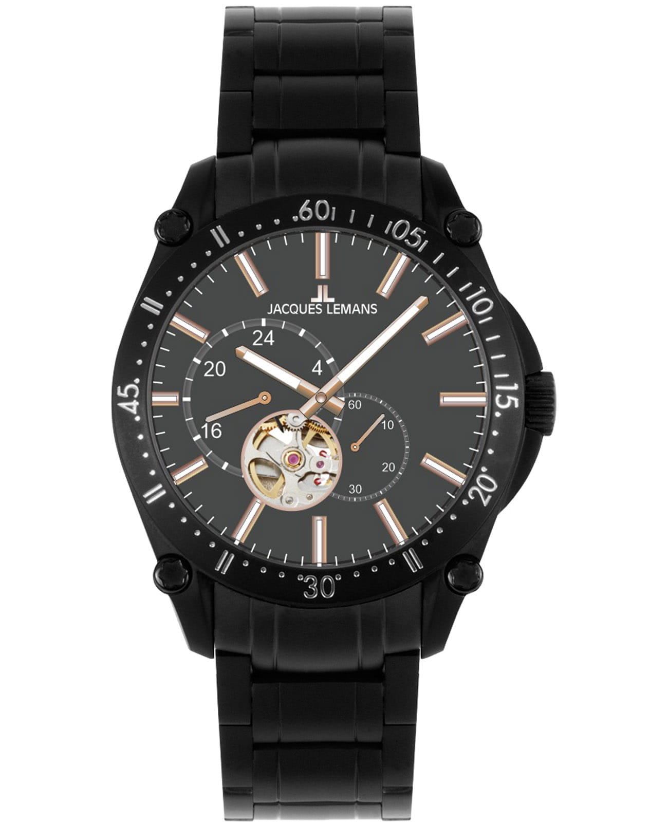 Jacques Lemans Jacques Lemans Derby 1-2201i  1-2201i механические мужские часы черный циферблат, браслет нержавеющая сталь с pvd-покрытием — вид спереди