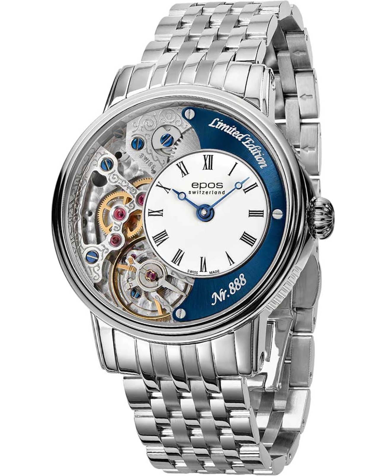 Epos Epos Oeuvre d'art Limited Edition 3435.313.20.26.30  3435.313.20.26.30 механические мужские часы синий циферблат, браслет нержавеющая сталь — вид спереди