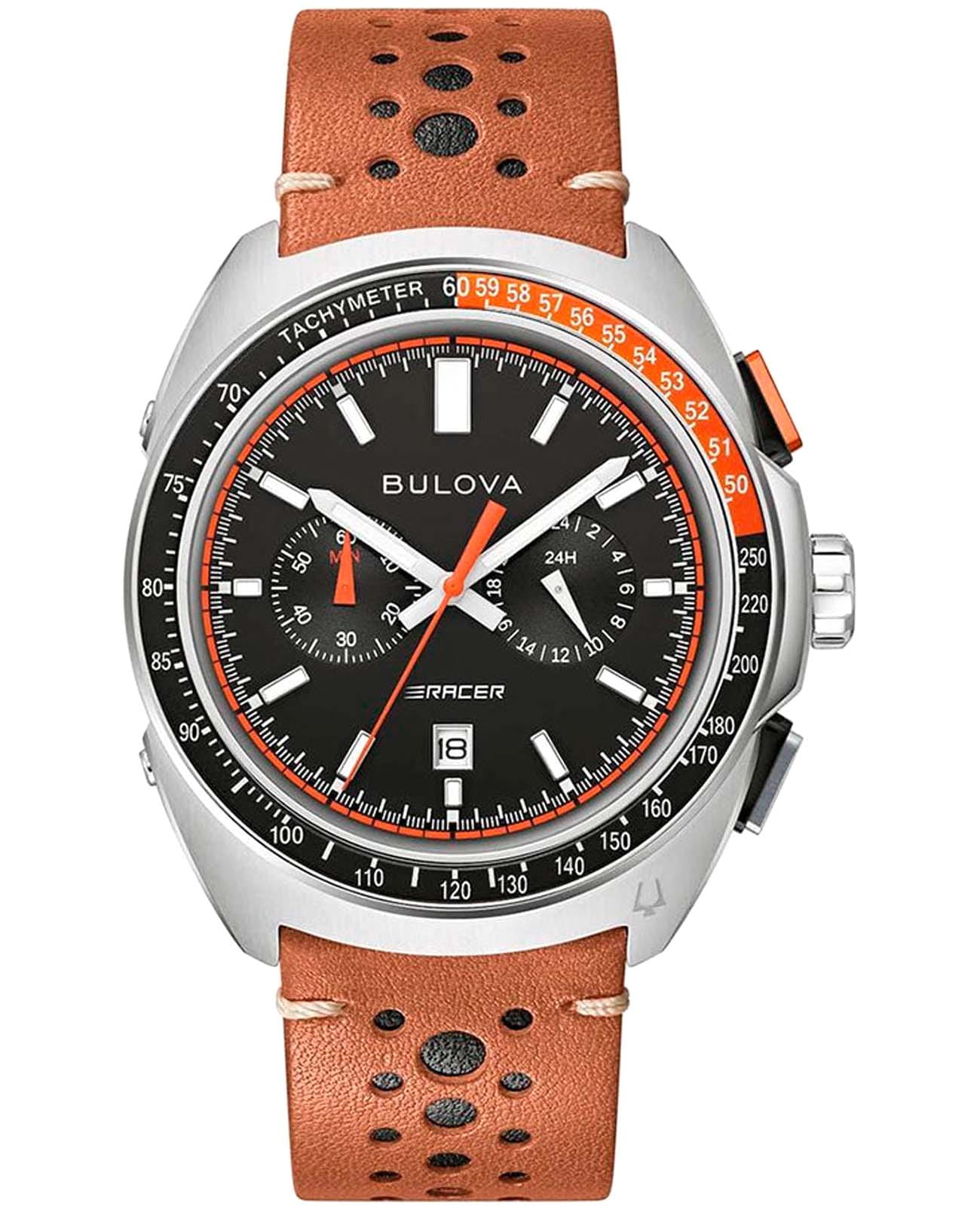 Bulova Bulova Racer Chronograph 98B427  98B427 кварцевые мужские часы черный циферблат, браслет кожаный — вид спереди