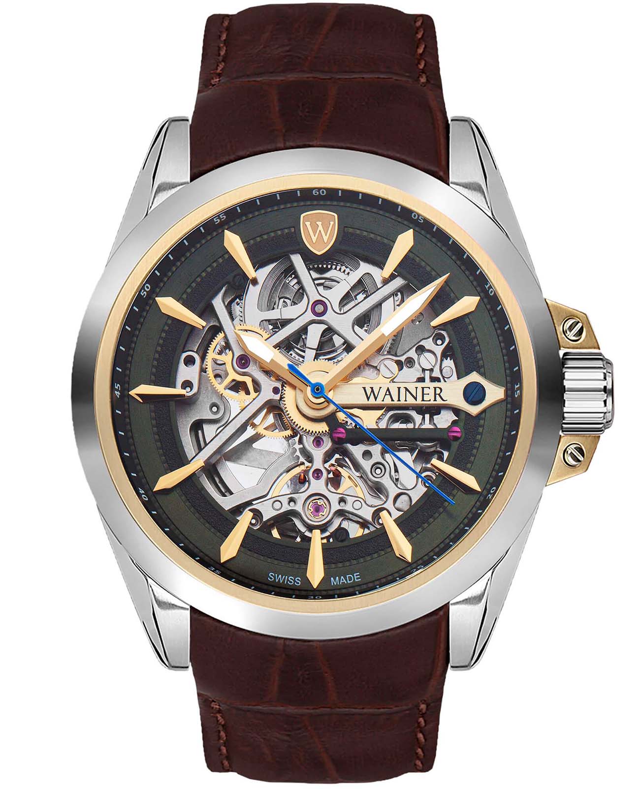 Wainer Wainer WA.25677-F  WA.25677-F механические мужские часы зеленый циферблат, браслет кожаный — вид спереди