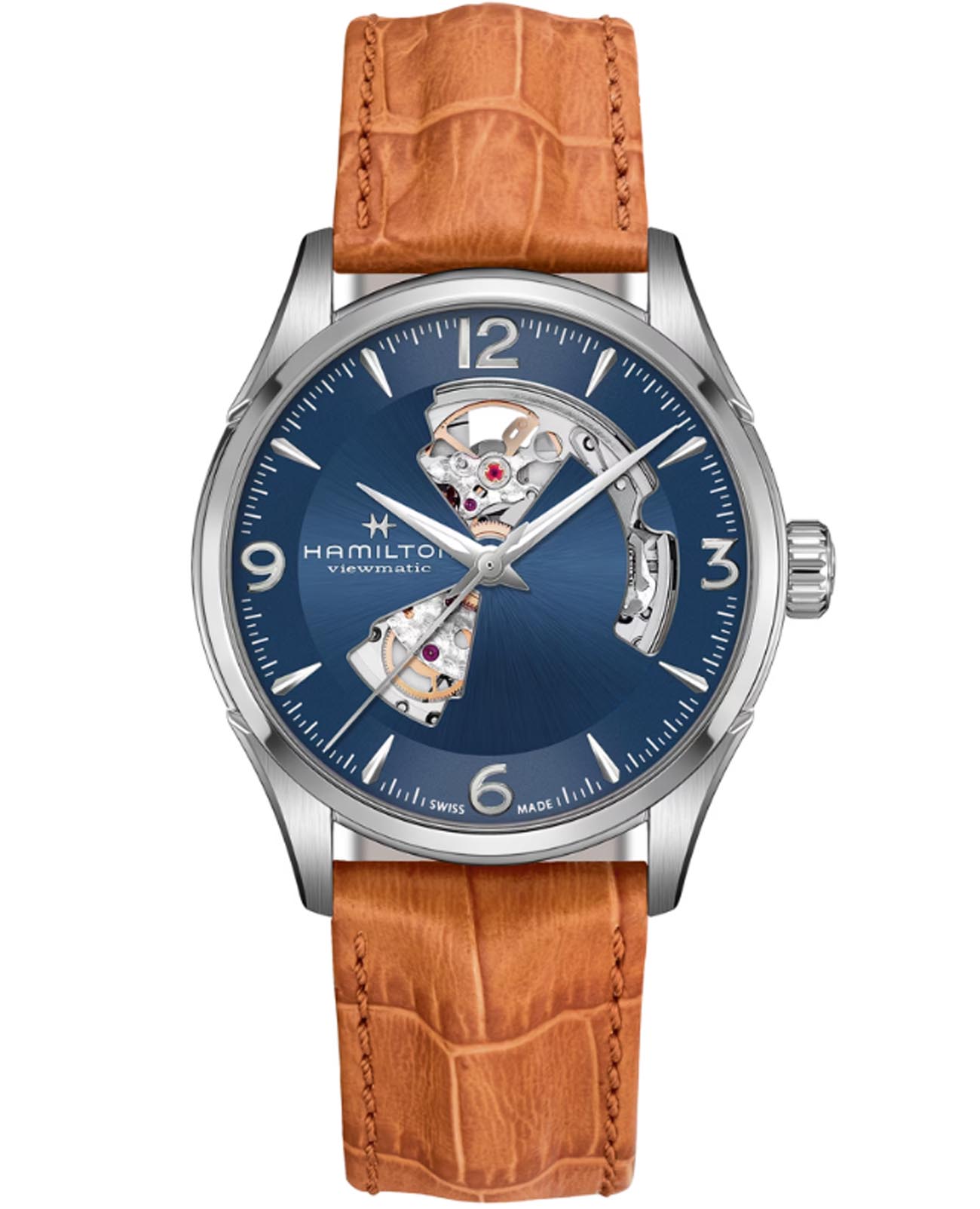 Hamilton Hamilton Jazzmaster Open Heart Auto H32705541  H32705541 механические женские часы синий циферблат, браслет кожаный — вид спереди