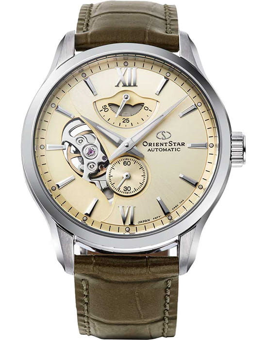 Orient Orient Star RE-AV0B10G (RK-AV0B10G)  RE-AV0B10G механические мужские часы бежевый циферблат, браслет кожаный — вид спереди