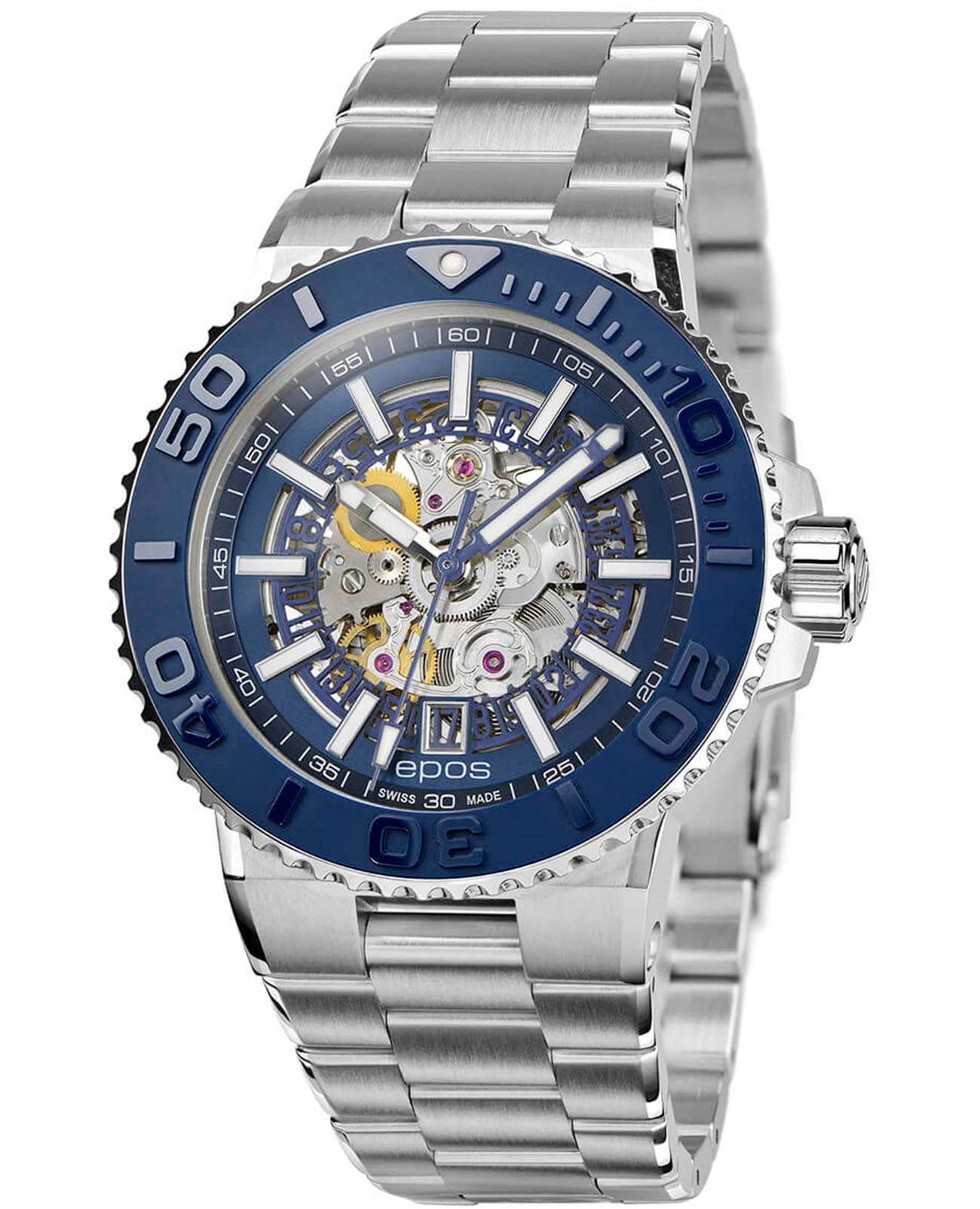 Epos Epos Sportive 3441.135.26.16.30  3441.135.26.16.30 механические мужские часы синий циферблат, браслет нержавеющая сталь — вид спереди