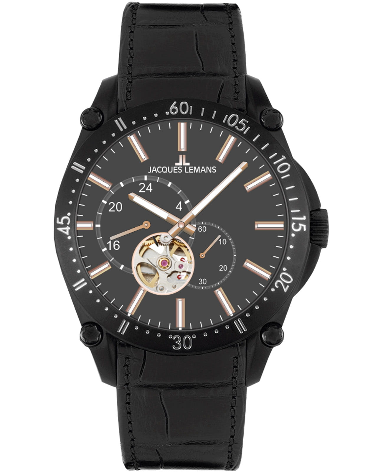 Jacques Lemans Jacques Lemans Derby 1-2201D  1-2201D механические мужские часы черный циферблат, браслет кожаный — вид спереди