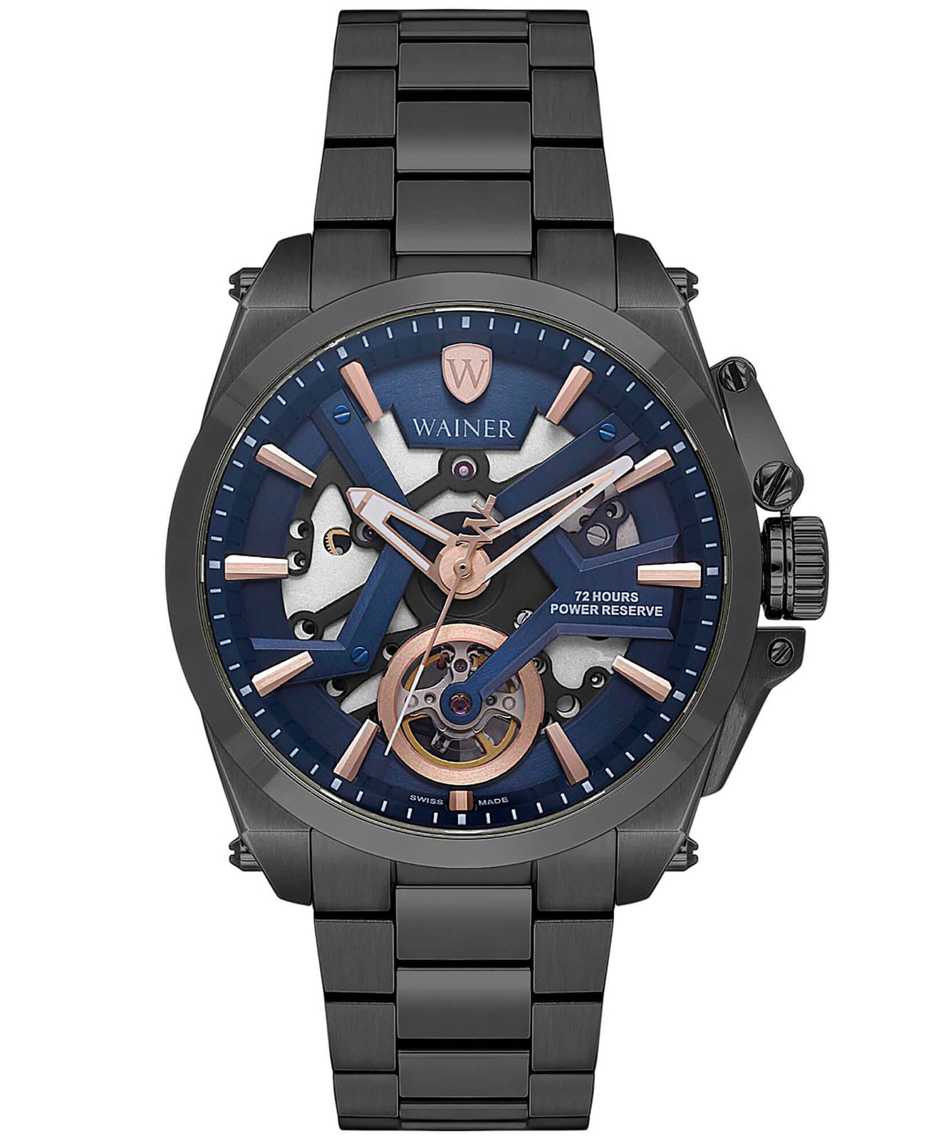 Wainer Wainer Bach WA.25250-E  WA.25250-E механические мужские часы синий циферблат, браслет нержавеющая сталь с pvd-покрытием — вид спереди