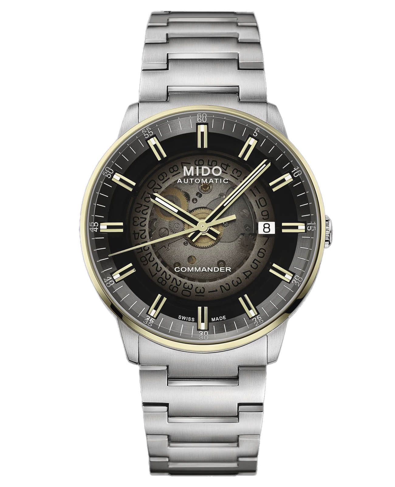 Mido Mido Commander Gradient M021.407.21.411.00  M0214072141100 механические мужские часы антрацитовый циферблат, браслет нержавеющая сталь — вид спереди