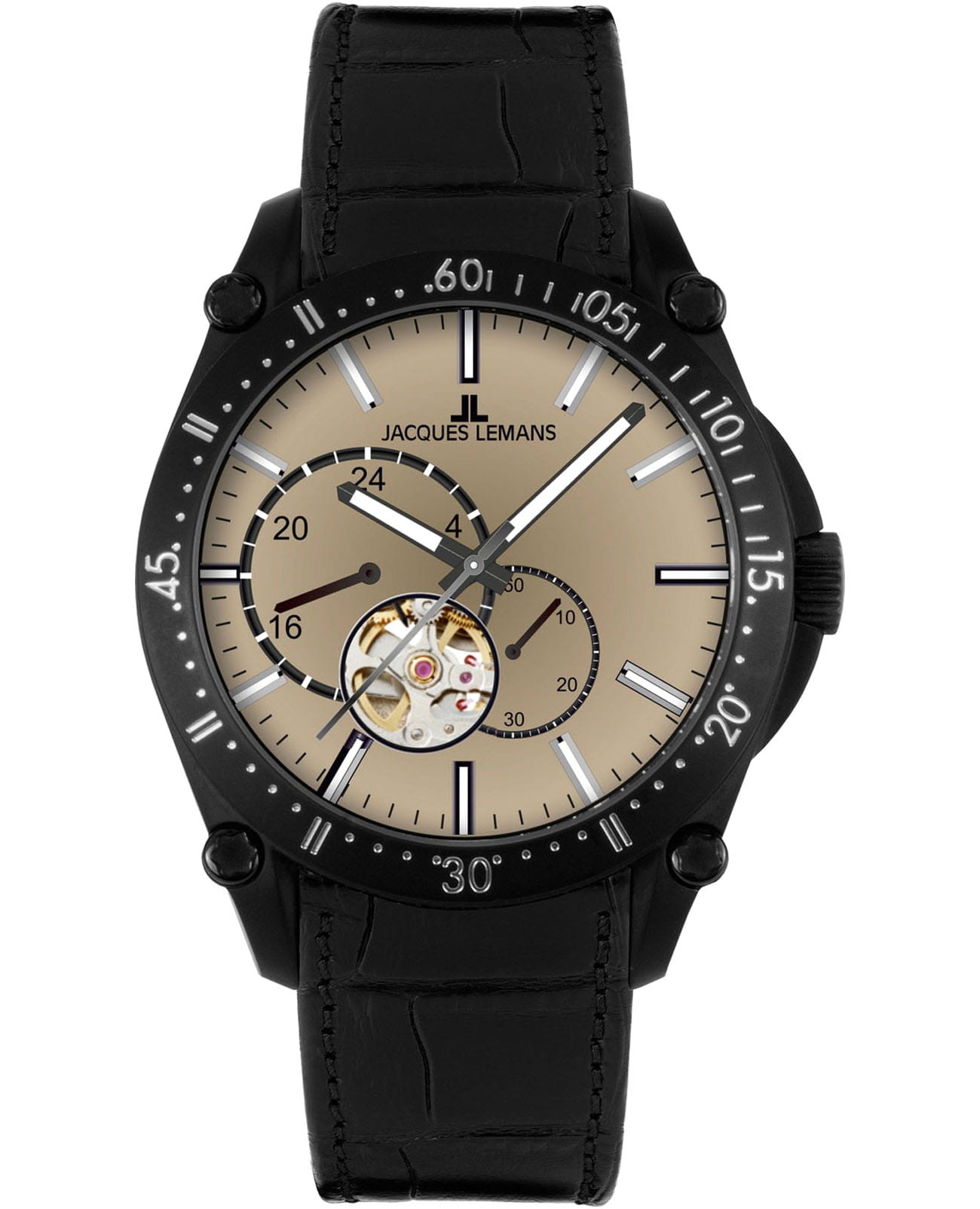 Jacques Lemans Jacques Lemans Derby 1-2201E  1-2201E механические мужские часы бежевый циферблат, браслет кожаный — вид спереди