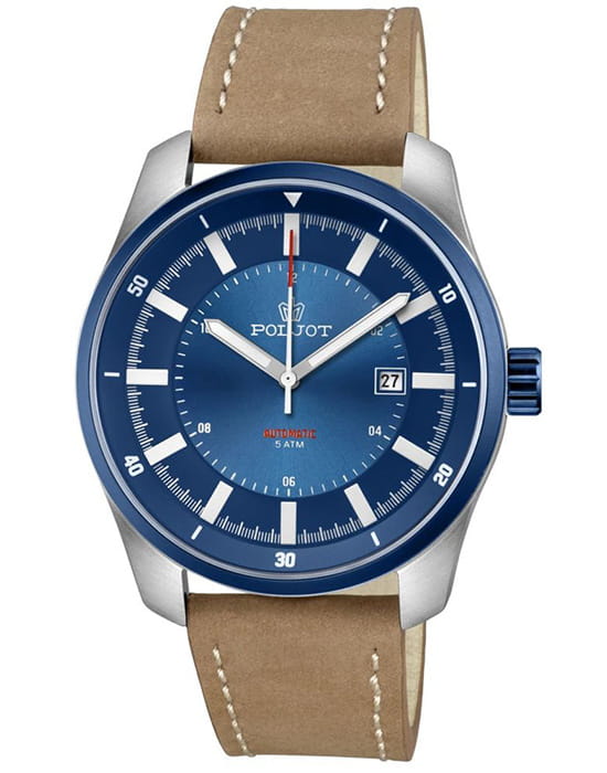 Полет Полет Эльбрус 8215.291231  8215.291231 механические мужские часы синий циферблат, браслет кожаный — вид спереди
