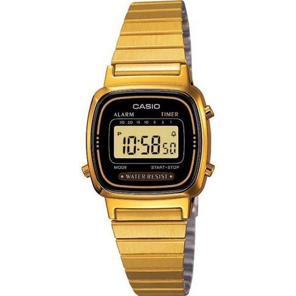 Casio Casio Collection LA670WEGA-1E  LA670WEGA-1E кварцевые женские часы желтый циферблат, браслет сталь с ip покрытием — вид спереди