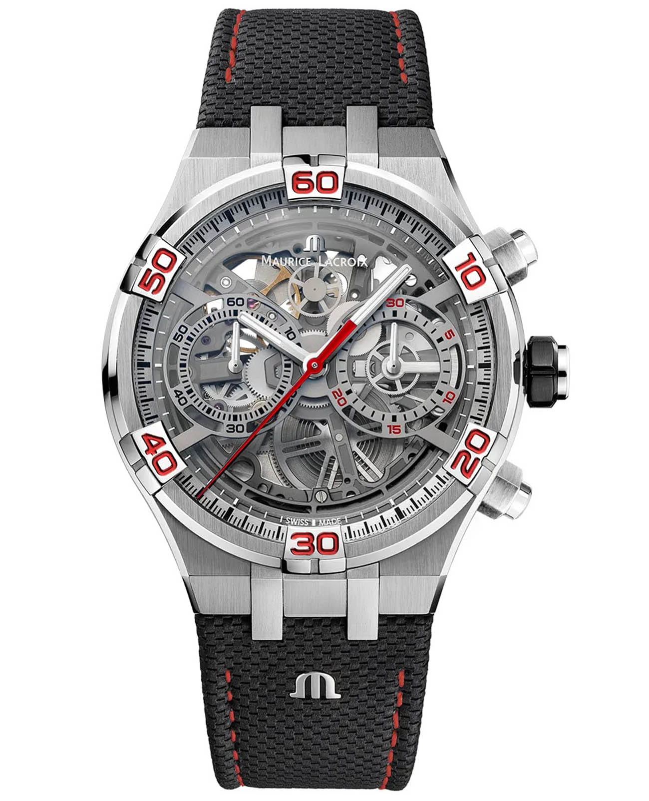 Maurice Lacroix Maurice Lacroix Aikon Chronograph Skeleton Automatic Mahindra Racing AI6098-SS001-091-2  AI6098-SS001-091-2 механические мужские часы серый циферблат, браслет кожаный — вид спереди