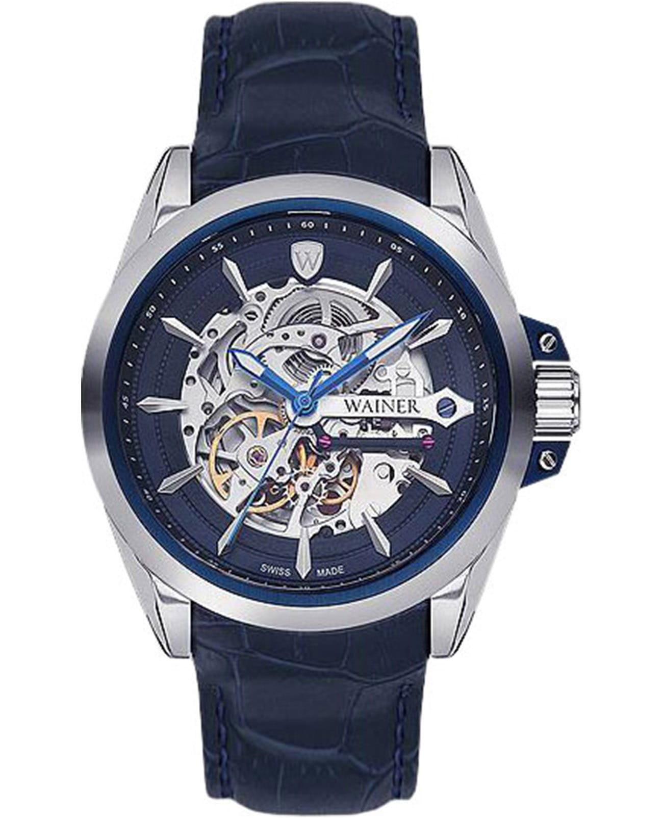 Wainer Wainer WA.25677-D		  WA.25677-D механические мужские часы синий циферблат, браслет кожаный — вид спереди