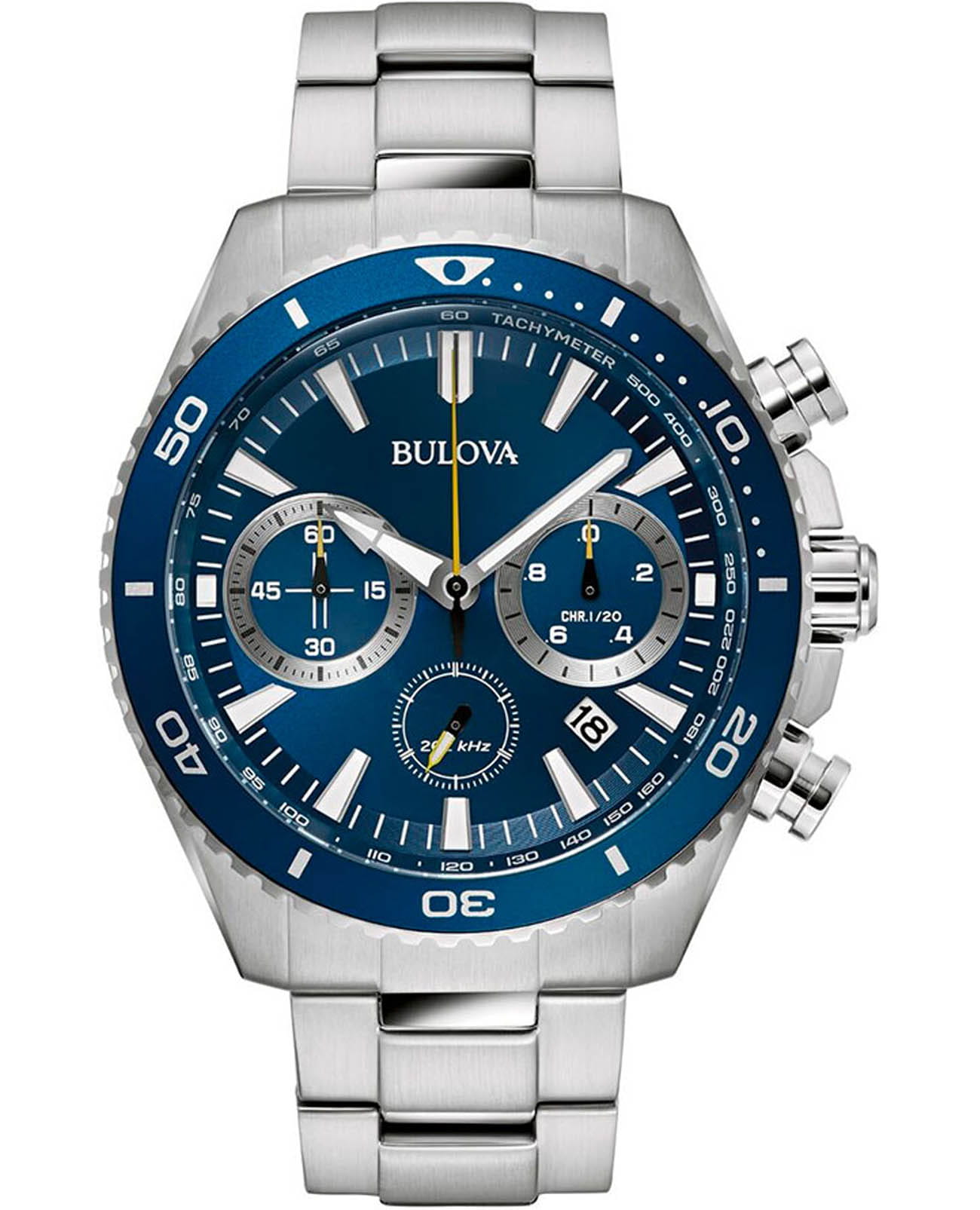Bulova Bulova High Frequency Quartz 98B393  98B393 кварцевые мужские часы синий циферблат, браслет нержавеющая сталь — вид спереди