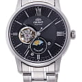 Orient Orient Sun & Moon RA-AS0008B  RA-AS0008B механические мужские часы  черный циферблат, браслет нержавеющая сталь — вид спереди